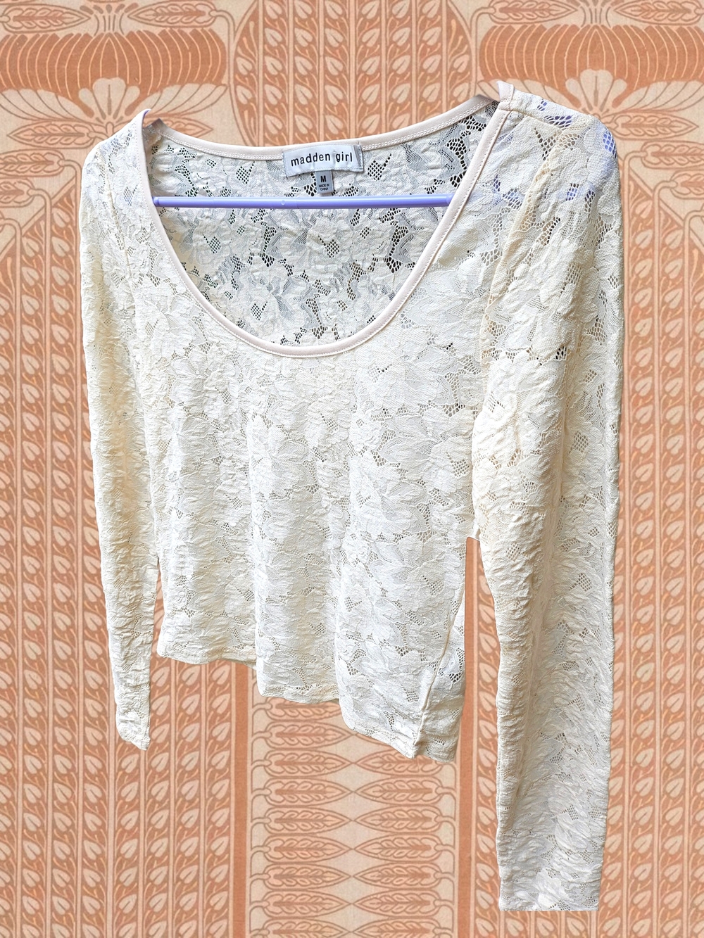 Madden Girl Cream Lace Long Sleeve Scoop Neck Top